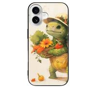 ERSTSNCK Compatible with iPhone 16 Case A Cartoon Turtle Stylish Phone Case for Women Men, Tempered Glass Shockproof Slim Cover for 16 Pro Black