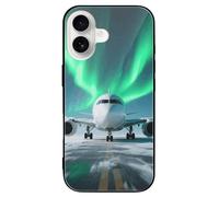 ERSTSNCK Compatible with iPhone 16 Case Airplane Under The Polar Night Sky Stylish Phone Case for Women Men, Tempered Glass Shockproof Slim Cover for 16 Pro Black