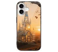 ERSTSNCK Compatible with iPhone 16 Case Amber Castle Scenery Stylish Phone Case for Women Men, Tempered Glass Shockproof Slim Cover for 16 Pro Black