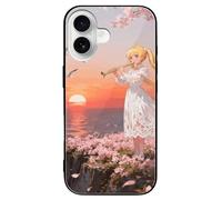 ERSTSNCK Compatible with iPhone 16 Case Anime Flute Player Stylish Phone Case for Women Men, Tempered Glass Shockproof Slim Cover for 16 Pro Black