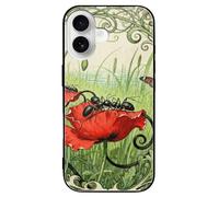 ERSTSNCK Compatible with iPhone 16 Case Ant Petal Line Stylish Phone Case for Women Men, Tempered Glass Shockproof Slim Cover for 16 Pro Black