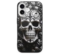 ERSTSNCK Compatible with iPhone 16 Case Black and White Skulls Stylish Phone Case for Women Men, Tempered Glass Shockproof Slim Cover for 16 Pro