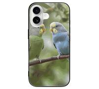 ERSTSNCK Compatible with iPhone 16 Case Blue and Green Parakeets Stylish Phone Case for Women Men, Tempered Glass Shockproof Slim Cover for 16 Pro