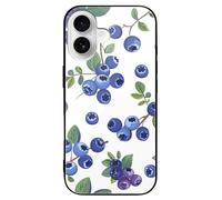 ERSTSNCK Compatible with iPhone 16 Case Blueberries with Leaves Stylish Phone Case for Women Men, Tempered Glass Shockproof Slim Cover for 16 Pro Black