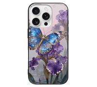 ERSTSNCK Compatible with iPhone 16 Case Butterfly Iris Bloom Stylish Phone Case for Women Men, Tempered Glass Shockproof Slim Cover for 16 Pro