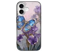 ERSTSNCK Compatible with iPhone 16 Case Butterfly Iris Bloom Stylish Phone Case for Women Men, Tempered Glass Shockproof Slim Cover for 16 Pro