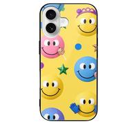 ERSTSNCK Compatible with iPhone 16 Case Candy Happy Face Pattern Stylish Phone Case for Women Men, Tempered Glass Shockproof Slim Cover for 16 Pro Black