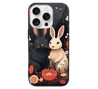 ERSTSNCK Compatible with iPhone 16 Case Cartoon Rabbit Couple Stylish Phone Case for Women Men, Tempered Glass Shockproof Slim Cover for 16 Pro Black