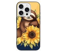ERSTSNCK Compatible with iPhone 16 Case Cartoon Sloth Sitting on Sunflower Stylish Phone Case for Women Men, Tempered Glass Shockproof Slim Cover for 16 Pro
