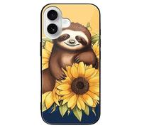 ERSTSNCK Compatible with iPhone 16 Case Cartoon Sloth Sitting on Sunflower Stylish Phone Case for Women Men, Tempered Glass Shockproof Slim Cover for 16 Pro