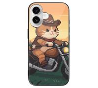 ERSTSNCK Compatible with iPhone 16 Case Cat Riding A Motorcycle Stylish Phone Case for Women Men, Tempered Glass Shockproof Slim Cover for 16 Pro