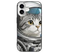 ERSTSNCK Compatible with iPhone 16 Case Colored Astronaut Cat Stylish Phone Case for Women Men, Tempered Glass Shockproof Slim Cover for 16 Pro
