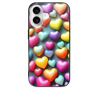 ERSTSNCK Compatible with iPhone 16 Case Colorful Rainbow Hearts Stylish Phone Case for Women Men, Tempered Glass Shockproof Slim Cover for 16 Pro