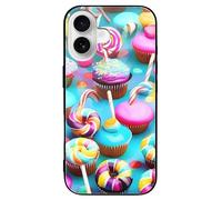 ERSTSNCK Compatible with iPhone 16 Case Colorful Sweet Lollipop Cupcake Donut Stylish Phone Case for Women Men, Tempered Glass Shockproof Slim Cover for 16 Pro