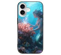ERSTSNCK Compatible with iPhone 16 Case Coral Mermaid Stylish Phone Case for Women Men, Tempered Glass Shockproof Slim Cover for 16 Pro