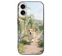 ERSTSNCK Compatible with iPhone 16 Case Corgi Floral Spring Garden Stylish Phone Case for Women Men, Tempered Glass Shockproof Slim Cover for 16 Pro Black