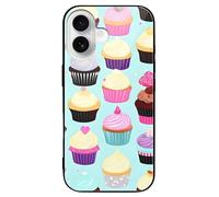 ERSTSNCK Compatible with iPhone 16 Case Cupcake Patterns Stylish Phone Case for Women Men, Tempered Glass Shockproof Slim Cover for 16 Pro Black