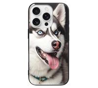 ERSTSNCK Compatible with iPhone 16 Case Cute Husky Dog Stylish Phone Case for Women Men, Tempered Glass Shockproof Slim Cover for 16 Pro Black