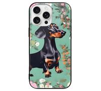 ERSTSNCK Compatible with iPhone 16 Case Dachshund Florals Stylish Phone Case for Women Men, Tempered Glass Shockproof Slim Cover for 16 Pro Black