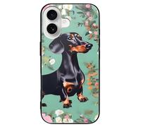 ERSTSNCK Compatible with iPhone 16 Case Dachshund Florals Stylish Phone Case for Women Men, Tempered Glass Shockproof Slim Cover for 16 Pro Black