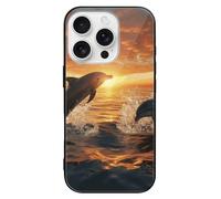 ERSTSNCK Compatible with iPhone 16 Case Dolphins Jumping Out of The Water at Sunset Stylish Phone Case for Women Men, Tempered Glass Shockproof Slim Cover for 16 Pro Black