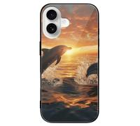 ERSTSNCK Compatible with iPhone 16 Case Dolphins Jumping Out of The Water at Sunset Stylish Phone Case for Women Men, Tempered Glass Shockproof Slim Cover for 16 Pro Black