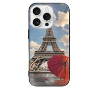 ERSTSNCK Compatible with iPhone 16 Case Eiffel Tower with Red Umbrella Stylish Phone Case for Women Men, Tempered Glass Shockproof Slim Cover for 16 Pro