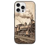 ERSTSNCK Compatible with iPhone 16 Case Etching Train Stylish Phone Case for Women Men, Tempered Glass Shockproof Slim Cover for 16 Pro Black