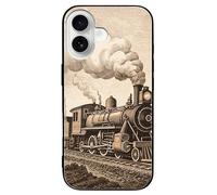 ERSTSNCK Compatible with iPhone 16 Case Etching Train Stylish Phone Case for Women Men, Tempered Glass Shockproof Slim Cover for 16 Pro Black