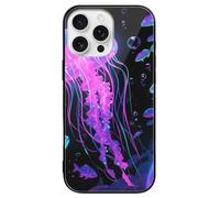 ERSTSNCK Compatible with iPhone 16 Case Fluorescent Jellyfish Stylish Phone Case for Women Men, Tempered Glass Shockproof Slim Cover for 16 Pro Black