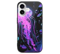ERSTSNCK Compatible with iPhone 16 Case Fluorescent Jellyfish Stylish Phone Case for Women Men, Tempered Glass Shockproof Slim Cover for 16 Pro Black
