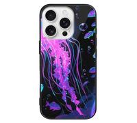 ERSTSNCK Compatible with iPhone 16 Case Fluorescent Jellyfish Stylish Phone Case for Women Men, Tempered Glass Shockproof Slim Cover for 16 Pro Black