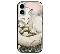 ERSTSNCK Compatible with iPhone 16 Case Fox Camellia Cluster Stylish Phone Case for Women Men, Tempered Glass Shockproof Slim Cover for 16 Pro Black