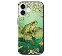 ERSTSNCK Compatible with iPhone 16 Case Frog Lotus Pad Stylish Phone Case for Women Men, Tempered Glass Shockproof Slim Cover for 16 Pro Black