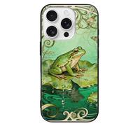 ERSTSNCK Compatible with iPhone 16 Case Frog Lotus Pad Stylish Phone Case for Women Men, Tempered Glass Shockproof Slim Cover for 16 Pro Black