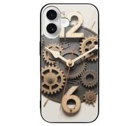ERSTSNCK Compatible with iPhone 16 Case Gear Clock Stylish Phone Case for Women Men, Tempered Glass Shockproof Slim Cover for 16 Pro Black