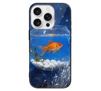 ERSTSNCK Compatible with iPhone 16 Case Goldfish in Glass Bowl Stylish Phone Case for Women Men, Tempered Glass Shockproof Slim Cover for 16 Pro Black