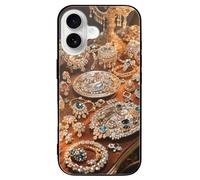 ERSTSNCK Compatible with iPhone 16 Case Jewelry Feast Stylish Phone Case for Women Men, Tempered Glass Shockproof Slim Cover for 16 Pro Black