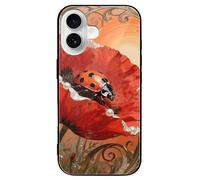 ERSTSNCK Compatible with iPhone 16 Case Ladybug Petal Stylish Phone Case for Women Men, Tempered Glass Shockproof Slim Cover for 16 Pro Black