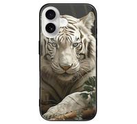 ERSTSNCK Compatible with iPhone 16 Case Lying White Tiger Stylish Phone Case for Women Men, Tempered Glass Shockproof Slim Cover for 16 Pro