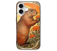 ERSTSNCK Compatible with iPhone 16 Case Marmot Marigold Patch Stylish Phone Case for Women Men, Tempered Glass Shockproof Slim Cover for 16 Pro Black