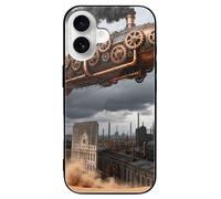 ERSTSNCK Compatible with iPhone 16 Case Mechanical Airship Stylish Phone Case for Women Men, Tempered Glass Shockproof Slim Cover for 16 Pro Black