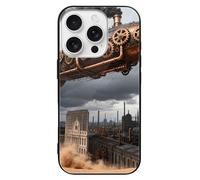 ERSTSNCK Compatible with iPhone 16 Case Mechanical Airship Stylish Phone Case for Women Men, Tempered Glass Shockproof Slim Cover for 16 Pro Black