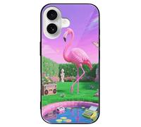 ERSTSNCK Compatible with iPhone 16 Case Neon Flamingo Pattern Stylish Phone Case for Women Men, Tempered Glass Shockproof Slim Cover for 16 Pro