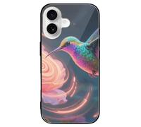 ERSTSNCK Compatible with iPhone 16 Case Neon Hummingbird Spiral Flower Stylish Phone Case for Women Men, Tempered Glass Shockproof Slim Cover for 16 Pro