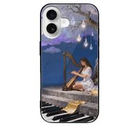 ERSTSNCK Compatible with iPhone 16 Case Note Cloud Tree Stylish Phone Case for Women Men, Tempered Glass Shockproof Slim Cover for 16 Pro Black