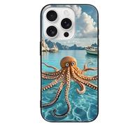 ERSTSNCK Compatible with iPhone 16 Case Octopus and Boat Stylish Phone Case for Women Men, Tempered Glass Shockproof Slim Cover for 16 Pro Black