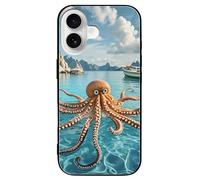 ERSTSNCK Compatible with iPhone 16 Case Octopus and Boat Stylish Phone Case for Women Men, Tempered Glass Shockproof Slim Cover for 16 Pro Black