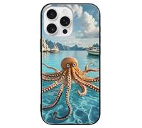 ERSTSNCK Compatible with iPhone 16 Case Octopus and Boat Stylish Phone Case for Women Men, Tempered Glass Shockproof Slim Cover for 16 Pro Black