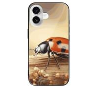 ERSTSNCK Compatible with iPhone 16 Case Orange Ladybug on Beige Background Stylish Phone Case for Women Men, Tempered Glass Shockproof Slim Cover for 16 Pro